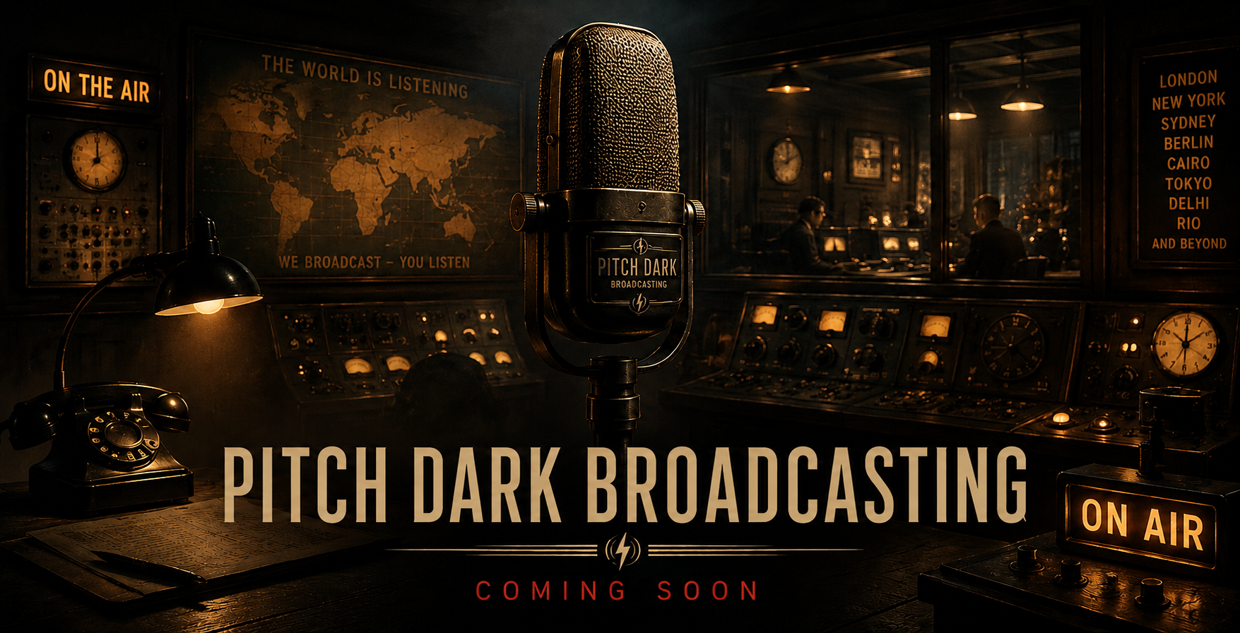 Pitch Dark Broadcasting vintage broadcast studio with central microphone and on air lights